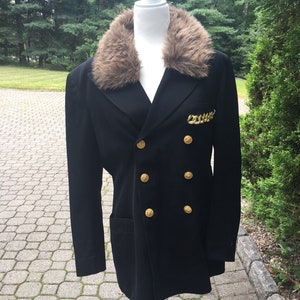Mob Wife Coat Military Styled Coat, Faux Fur Collar,  Gold Chain,  Winter Coat, Fall Coat, Y2K Coat, 70&#39;s Coat Size Medium- Medium Large