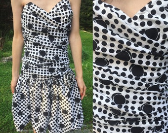 Vintage 1980's Strapless Party Prom Dress White and Black Dress Polka Dotted Dress Abstract Printed Dress Dress Size Small