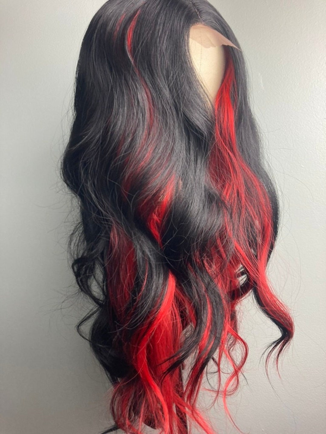 Black With Red Wig highlight Wig side Part Lace Wig black Highlights Red Long Wavy Wig cosplay Red and Black Wig black Wig Red Streaks Etsy Canada