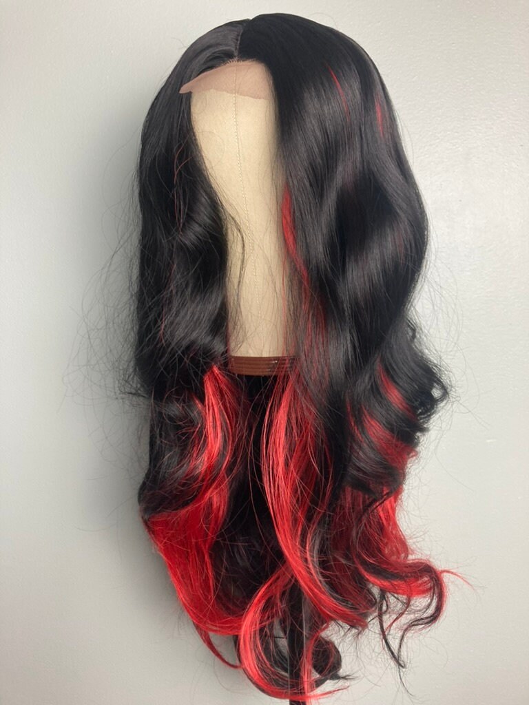 Black With Red Wig highlight Wig side Part Lace Wig black Highlights Red Long Wavy Wig cosplay Red and Black Wig black Wig Red Streaks Etsy UK