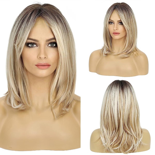 Wigs With Bangs,Blonde Wig,Shoulder Length Wig,Chemo Wig, Ombre Blonde Hair Loss Wig,Full Layered,Wig,Blonde Layered Wigs With Bangs