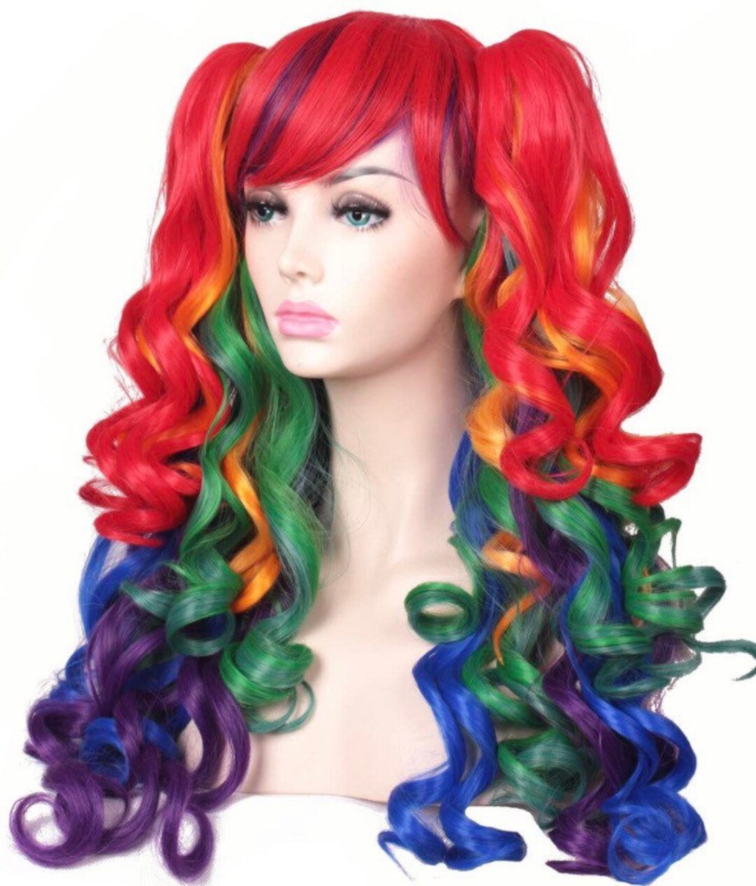 Colorful Rainbow Wig With Ponytails,blue ,rainbow Wig , Long Curly Wigs With Ponytails, Multi