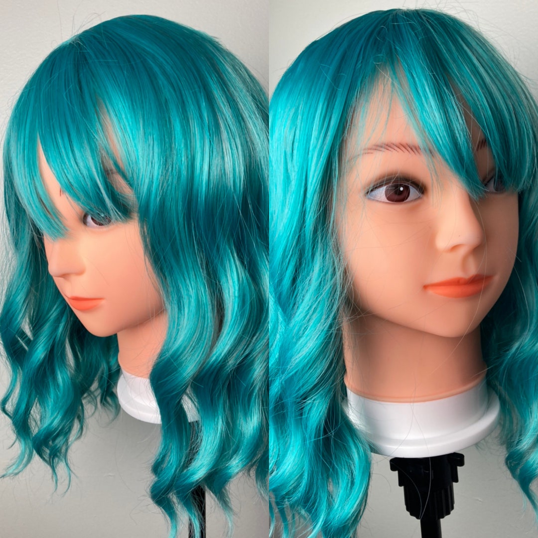 Light Blue Wig,teal Blue Wigs,short Bob Wavy Wig,blue Wig With Bangs