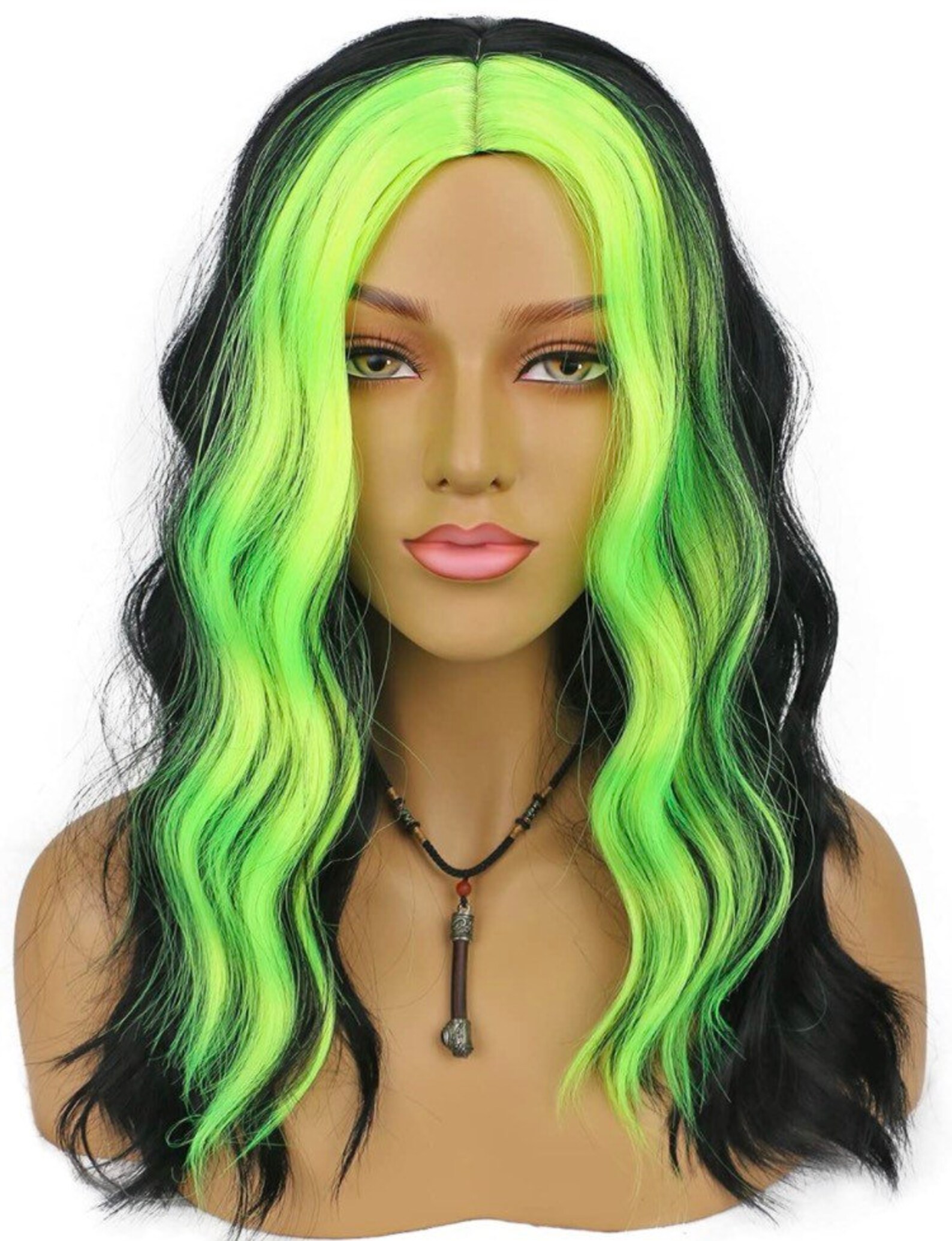 Black With Neon Green Wig,curly Wavy Wig ,billie Eilish,green Wig,black