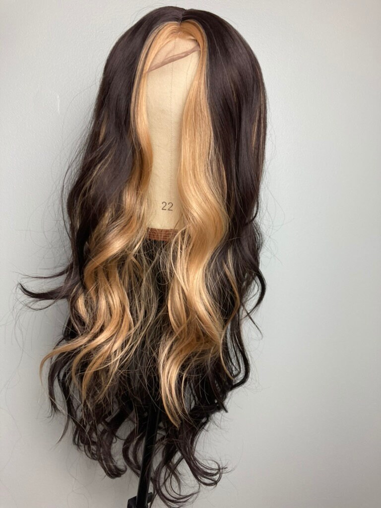 High-Quality Black Wig With Blonde Highlights View Concept High-Quality Black Wig With Blonde Highlights View Concept