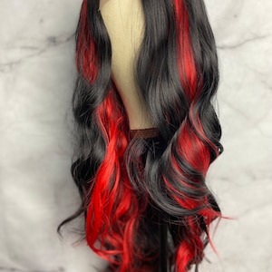 Wigs,Black With Red Wig,Highlight Wig,Side Part Lace Wig,Black Highlights Red Long Wavy Wig,Cosplay Red And Black Wig,Black Wig Red Streaks