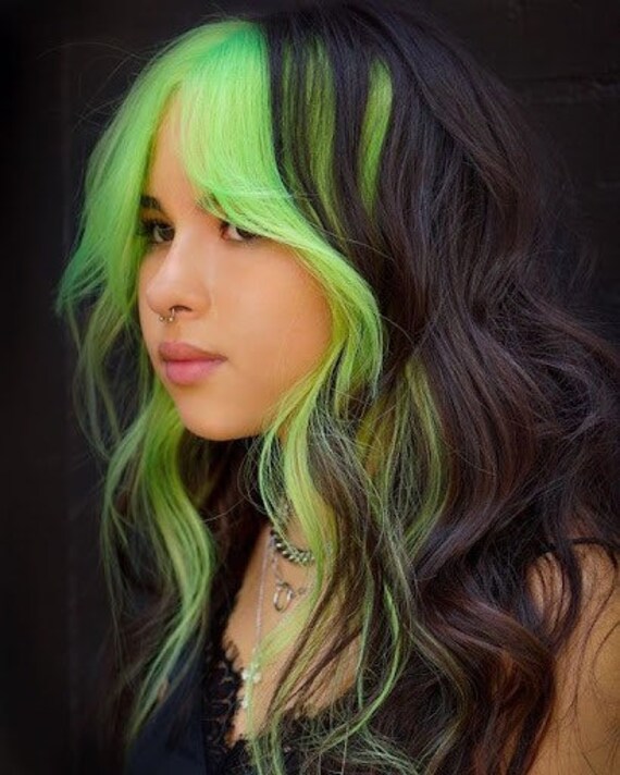 Black With Neon Green Wig Curly Wavy Wig Billie Eilish - Etsy