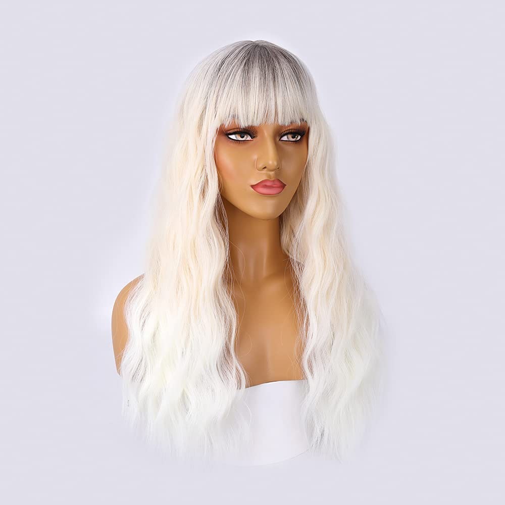 Platinum Blonde Wigs,dark Roots Blonde Hair Wigs,wig With Bangs,white