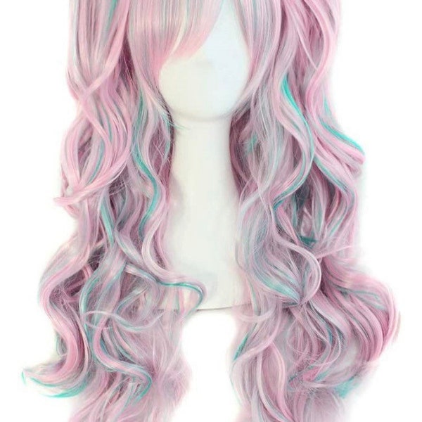 Pink Wig With Highlight Blue ,Rainbow Wig ,Anime Curly Wigs With Ponytails, Multi-Color Wig,Mermaid Wig,Long Cosplay Wig,Halloween Wig