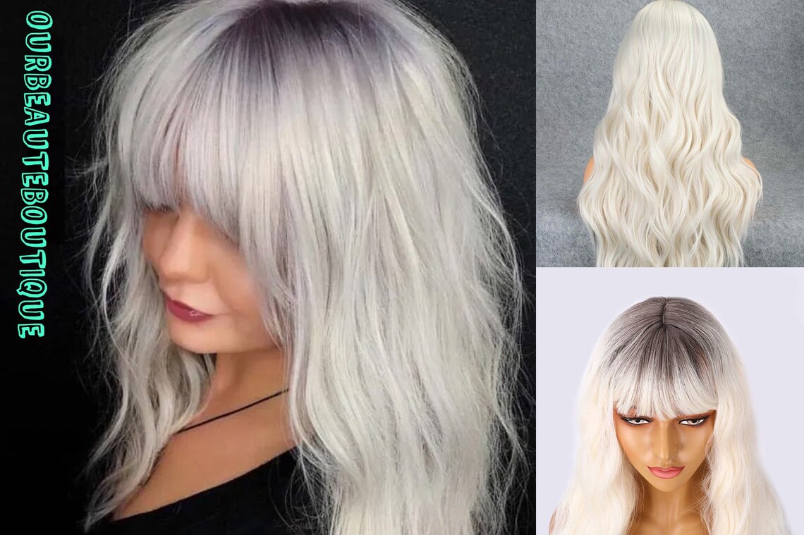 Platinum Blonde Wigs,dark Roots Blonde Hair Wigs,wig With Bangs,white