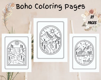 Boho Coloring Pages, 27 Printable Pages, Boho Landscape Coloring Book