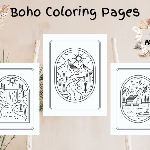 Boho Coloring Pages, 27 Printable Pages, Boho Landscape Coloring Book