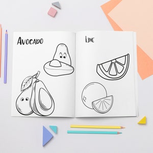 May include: A black and white coloring book page with illustrations of an avocado and a lime. The page is titled "Avocado" and "Lime".