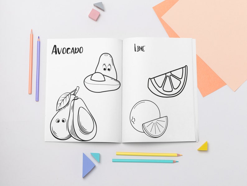 May include: A black and white coloring book page with illustrations of an avocado and a lime. The page is titled "Avocado" and "Lime".