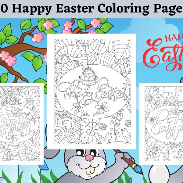 Happy Easter Coloring Pages - 10 Printable Pages - Easter Coloring Book for Kids, Boys, Girls, Teens