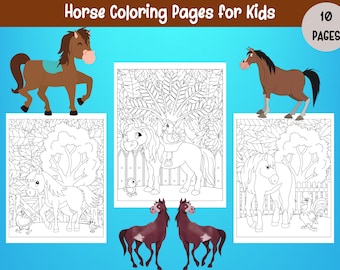 May include: A set of horse coloring pages for kids, featuring cartoon horses in various poses and scenes. The cover displays the text "Horse Coloring Pages for Kids" and "10 Pages". The pages include detailed line drawings of horses and related elements.