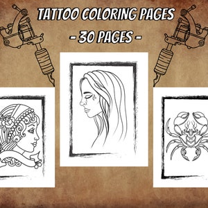 30 Tattoo Coloring Pages for Adults, Modern Tattoo Coloring Book for Stress Relief, Relaxation, and Creativity