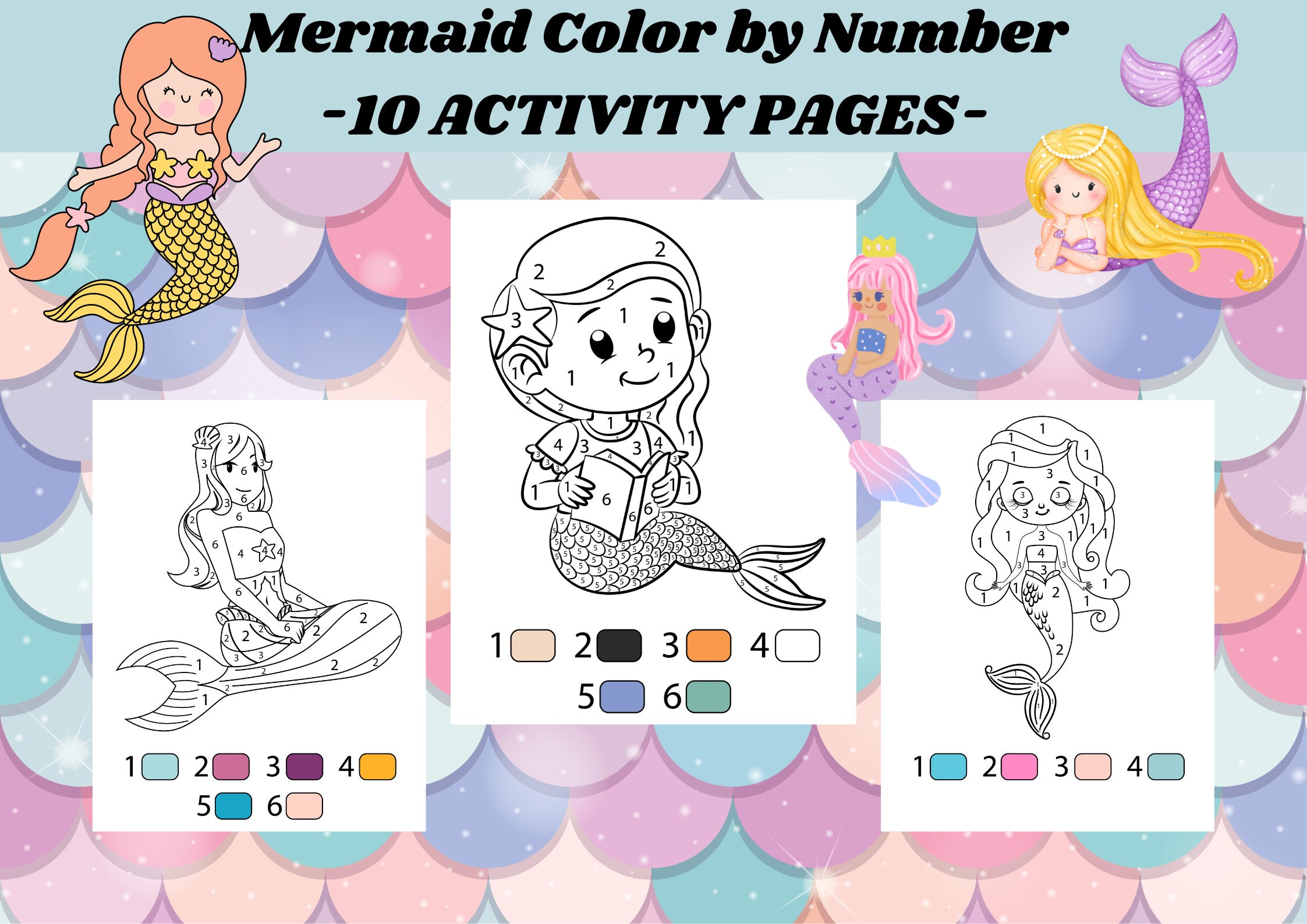 Mermaid Color by Number, 10 Printable Coloring Pages, Cute Mermaids