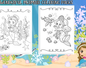 Mermaid Coloring Pages, 20 Printable Pages, Mermaid Coloring Book for Kids, Boys and Girls