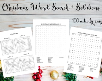 Puede incluir: Un conjunto de cuatro rompecabezas de búsqueda de palabras de Navidad imprimibles en blanco y negro con soluciones. Los rompecabezas se titulan "Christmas Word Search 1" y "Christmas Word Search 2". Las soluciones se titulan "Puzzle 41", "Puzzle 42", "Puzzle 43" y "Puzzle 44".