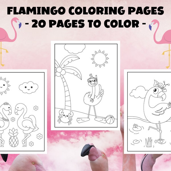 Flamingo Coloring Pages for Kids, 20 Printable Pages, Cute Flamingo Digital Coloring Book