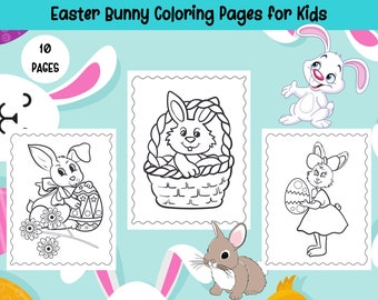 Easter Bunny Coloring Pages for Kids: 10 Printable Designs (Digital Download)