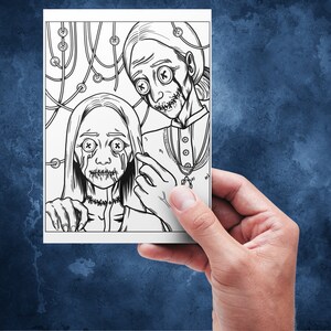 May include: Black and white line art illustration of two women with stitched mouths and button eyes. The women are looking at the viewer. The background is filled with lines and circles.