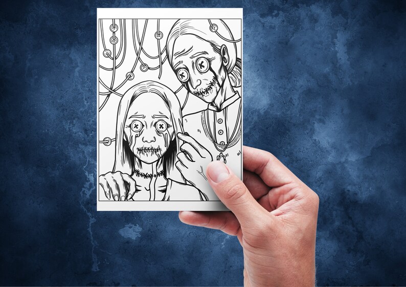 May include: Black and white line art illustration of two women with stitched mouths and button eyes. The women are looking at the viewer. The background is filled with lines and circles.