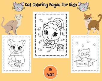 Cute Cat Coloring Pages for Kids – 15 Printable Designs (Digital Download)