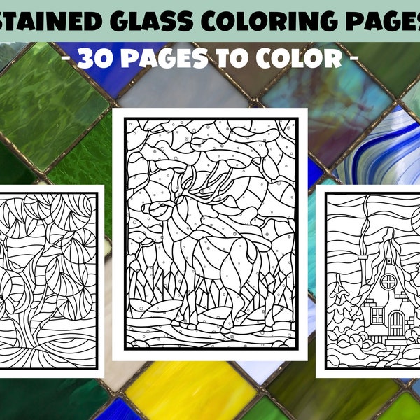 Stained Glass Coloring Pages for Adults, 30 Printable Pages, Wonderful Patterns Coloring Book for Relaxation and Stress Relief