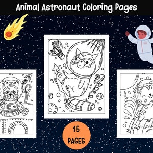 Páginas para colorear de animales astronautas para niños y niñas - 15 páginas imprimibles - Libro para colorear digital espacial