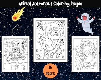 May include: A set of 15 black and white colouring pages featuring cute animals dressed as astronauts in space. The pages include a raccoon, a tiger, and a bear. The text "15 PAGES" is printed at the bottom of the image.