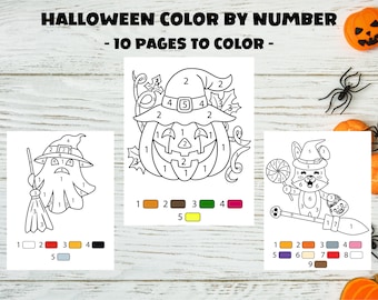 Cute Halloween Color by Number Printable Pages (PDF Digital Download)