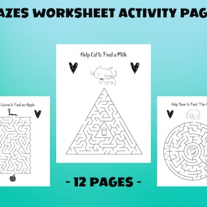 12 Mazes Worksheet Activity Pages for Kids, Fun and Challenging Mazes for Kids, Labyrinth Activity Book for Preschool, Kindergarten