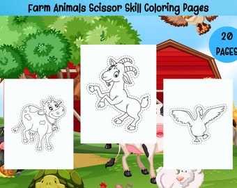 Farm Animals Scissor Skill Coloring Pages: Cutting Practice Book (20 Printable Pages) (PDF)