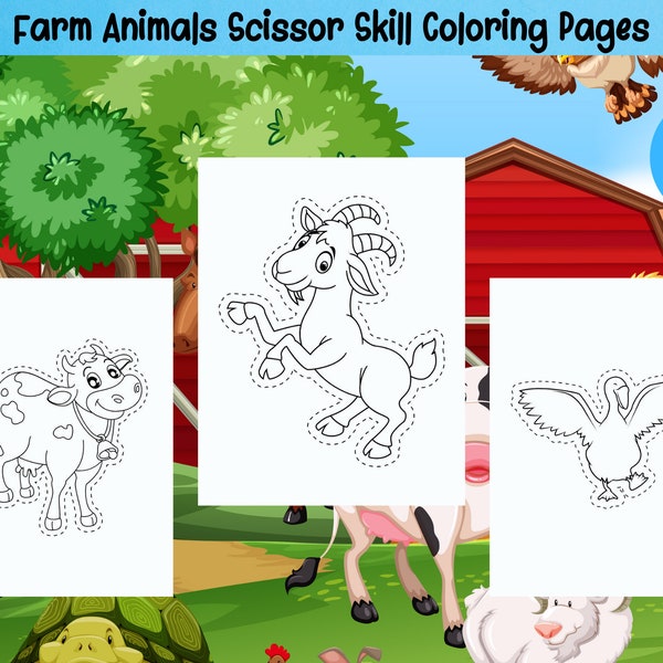 Boerderijdieren Scissor Skill Kleurplaten voor kinderen, jongens en meisjes - 20 afdrukbare pagina's - Farm Animals Cutting Practice Book