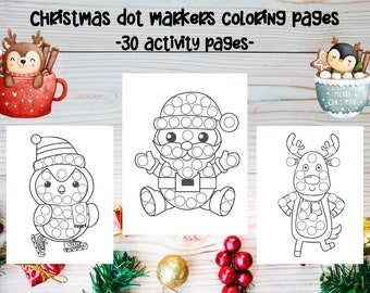 May include: Three black and white printable colouring pages featuring a penguin, Santa Claus, and a reindeer. Each image is made up of circles that can be coloured in with dot markers. The title of the printable pack is "Christmas dot markers colouring pages - 30 activity pages - "