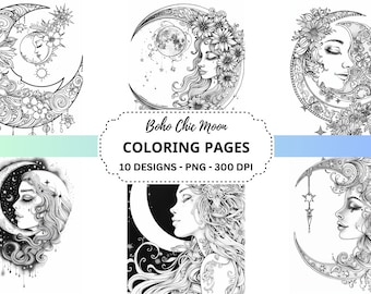 Boho Chic Moon Coloring Pages: Lunar Designs (PNG, Instant Download)