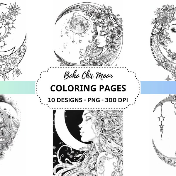 Boho Chic Moon Coloring Pages for Adults, Teens - Lunar Elegance and Boho Chic Coloring Book - Moonlit Magic, Celestial Harmony