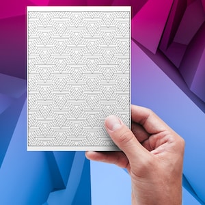 May include: A black and white printable coloring page featuring a geometric pattern of overlapping triangles.