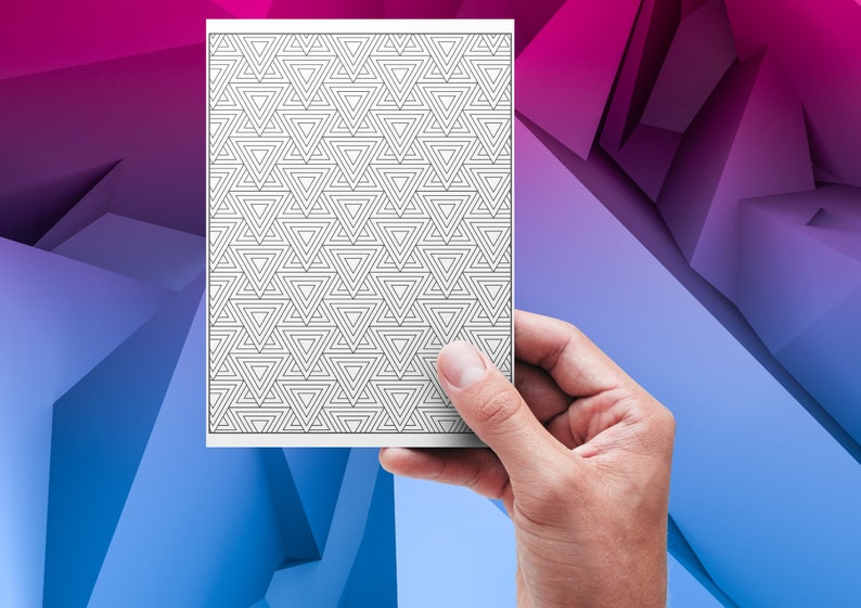 May include: A black and white printable coloring page featuring a geometric pattern of overlapping triangles.