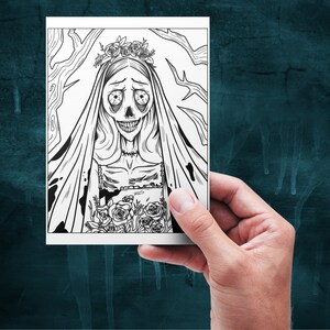 May include: Black and white illustration of a spooky bride with a veil and flowers. The bride has large eyes and a wide smile.
