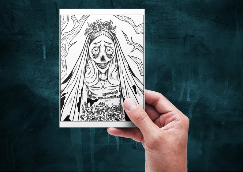 May include: Black and white illustration of a spooky bride with a veil and flowers. The bride has large eyes and a wide smile.