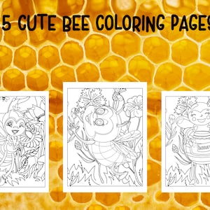May include: Three black and white colouring pages featuring cute cartoon bees. The bees are shown in different poses, including flying, holding a jar of honey, and smiling. The pages are set against a background of a honeycomb pattern.