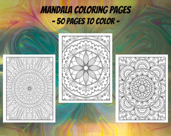 Mandala Coloring Pages - 50 Printable Pages - Stress Relieving and Relaxation Mandala Style - Mandala Coloring Book