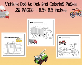 Puede incluir: Un conjunto de 28 páginas imprimibles de puntos a unir y para colorear que presentan varios vehículos, incluyendo un tren, un camión, un tranvía, una motocicleta y un tractor. Cada página mide 8,5 pulgadas por 8,5 pulgadas.