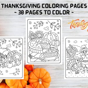 Thanksgiving Coloring Pages, 30 Printable Pages, Thanksgiving Holiday Designs Coloring Book with Turkeys, Cornucopias, Autumn Leaves