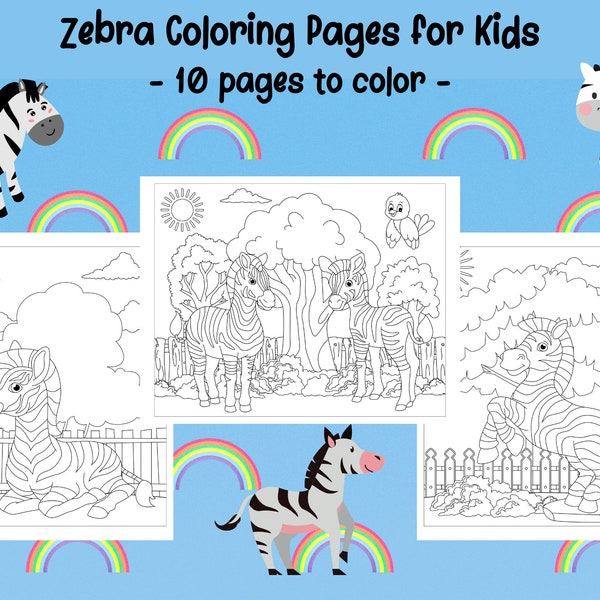 Zebra Coloring Pages Bundle for Kids Boys and Girls - 10 Printable Pages - Zebra Coloring Book - Zebra Coloring Sheets - Instant Download