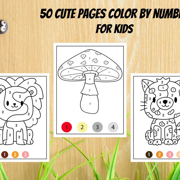 50 lindas páginas para colorear por números para niños, libro de actividades para niños, niñas, preescolar, jardín de infantes, descarga digital en PDF