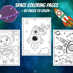 20 páginas para colorear imprimibles en el espacio para niños y niñas - Libro para colorear de aventuras espaciales - Descarga digital